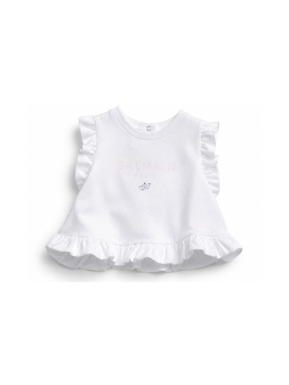 Top da neonata Balmain Kids bianco con ruches BY8032 Z3672 100RS BALMAIN KIDS