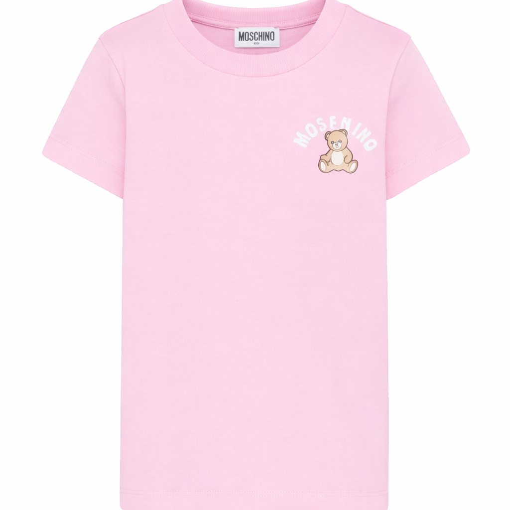 T-shirt per bambina Moschino Kids rosa con stampa Teddy sul davanti HWM058LAA01 51473 MOSCHINO KIDS