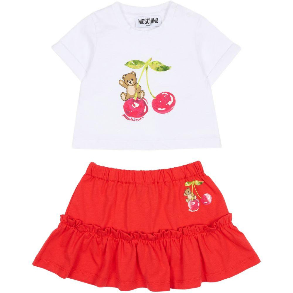 Completo per neonata Moschino Kids bianco e rosso con stampa Cherry MDG01TLAA02 82298 MOSCHINO KIDS