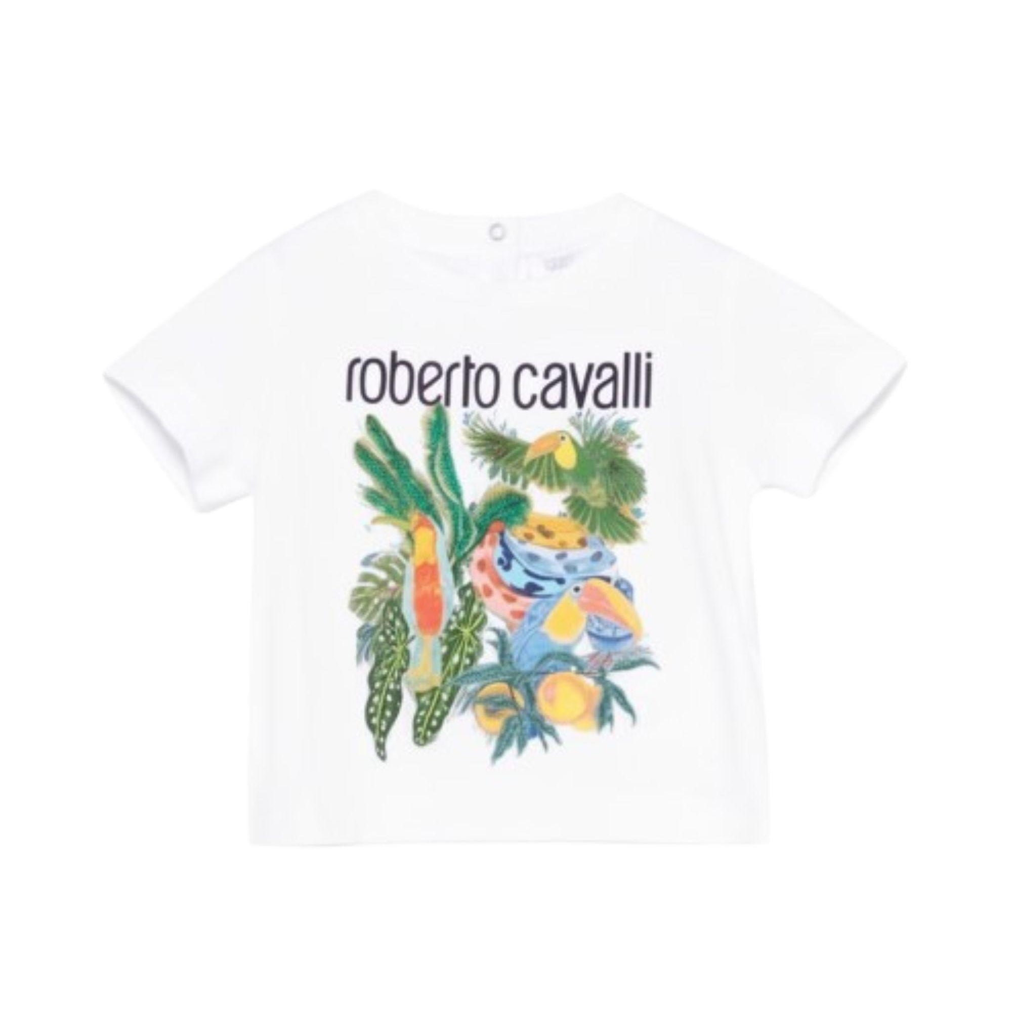 T-shirt per neonato Roberto Cavalli Kids bianca con stampa grafica tropicale CIP26083TS WHITE ROBERTO CAVALLI KIDS