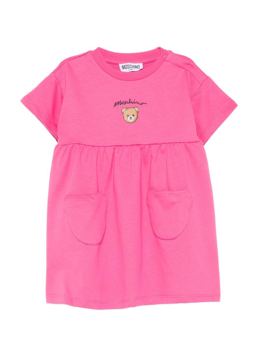 Abito per neonata Moschino Kids fucsia con stampa Teddy Bear sul davanti MDV0DGLCA19 50533 MOSCHINO KIDS