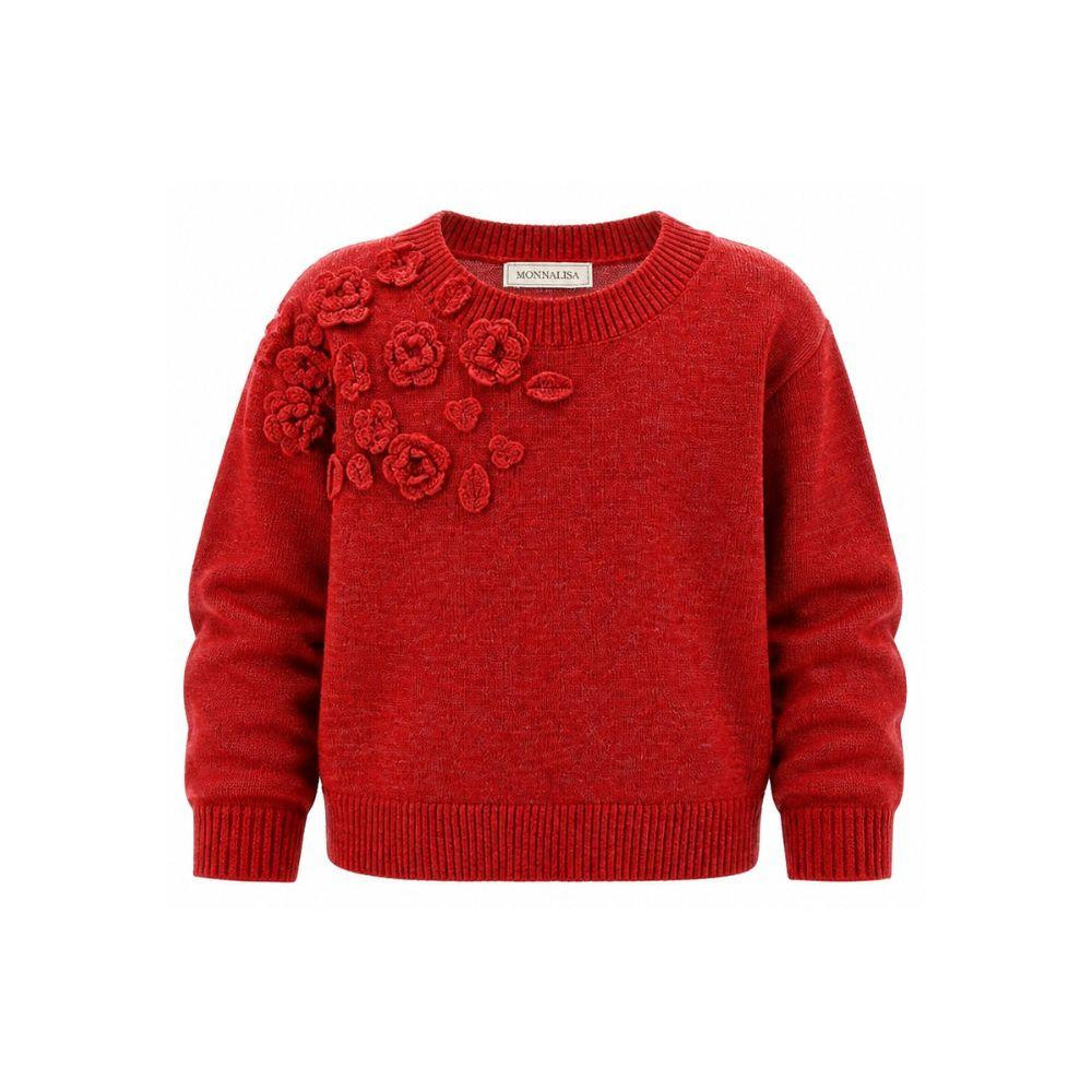 Maglione per bambina Monnalisa Kids rosso con ricamo fiori all'uncinetto sul davanti 17H602 8062 0043 MONNALISA KIDS