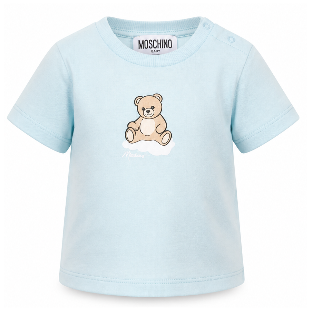 T-shirt per neonato Moschino Kids azzurra con stampa Teddy sul davanti MUM04QLAA24 40304 MOSCHINO KIDS