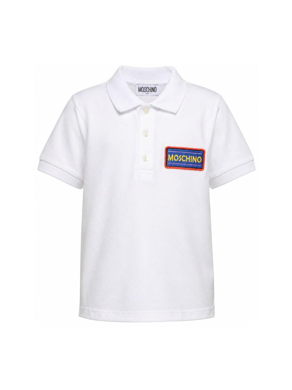 T-shirt per bambino Moschino Kids bianco con colletto stile polo HTM03YLFA09 10101 MOSCHINO KIDS