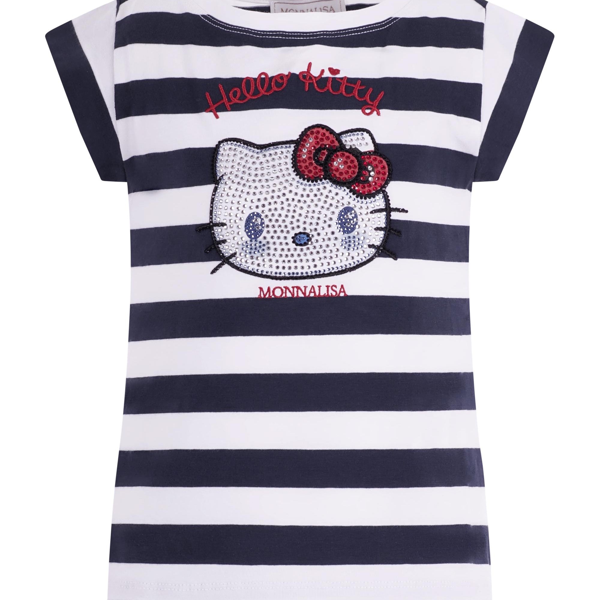 T- shirt per bambina Monnalisa blu con motivo a righe con stampa a decorazione 19G617 7042 9956 MONNALISA KIDS