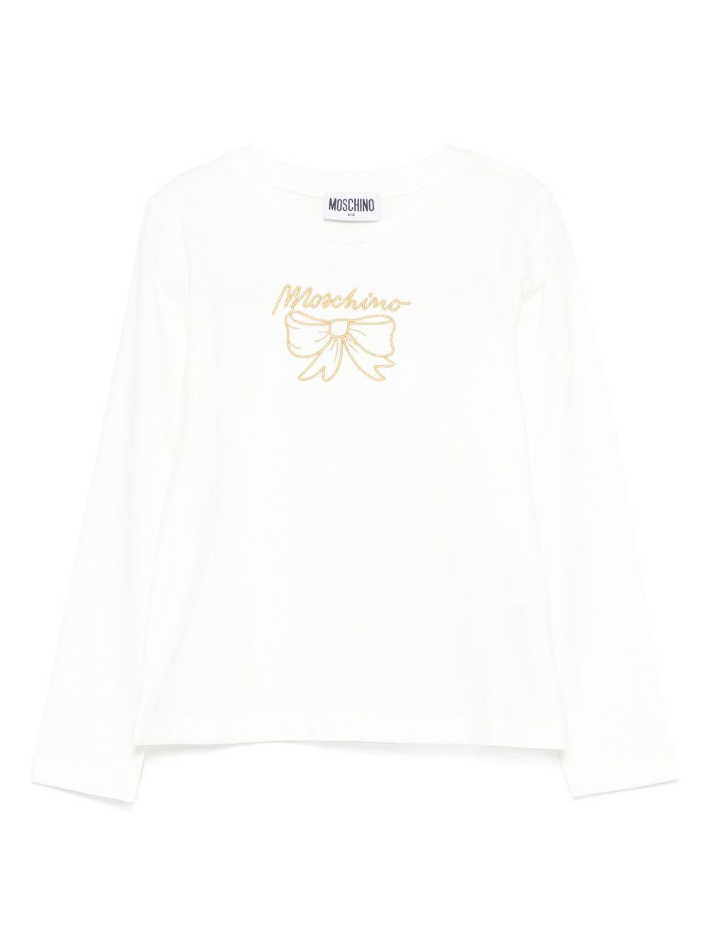 T-shirt per bambina Moschino Kids bianca con ricamo con fiocco HDO012LBA10 10063 MOSCHINO KIDS