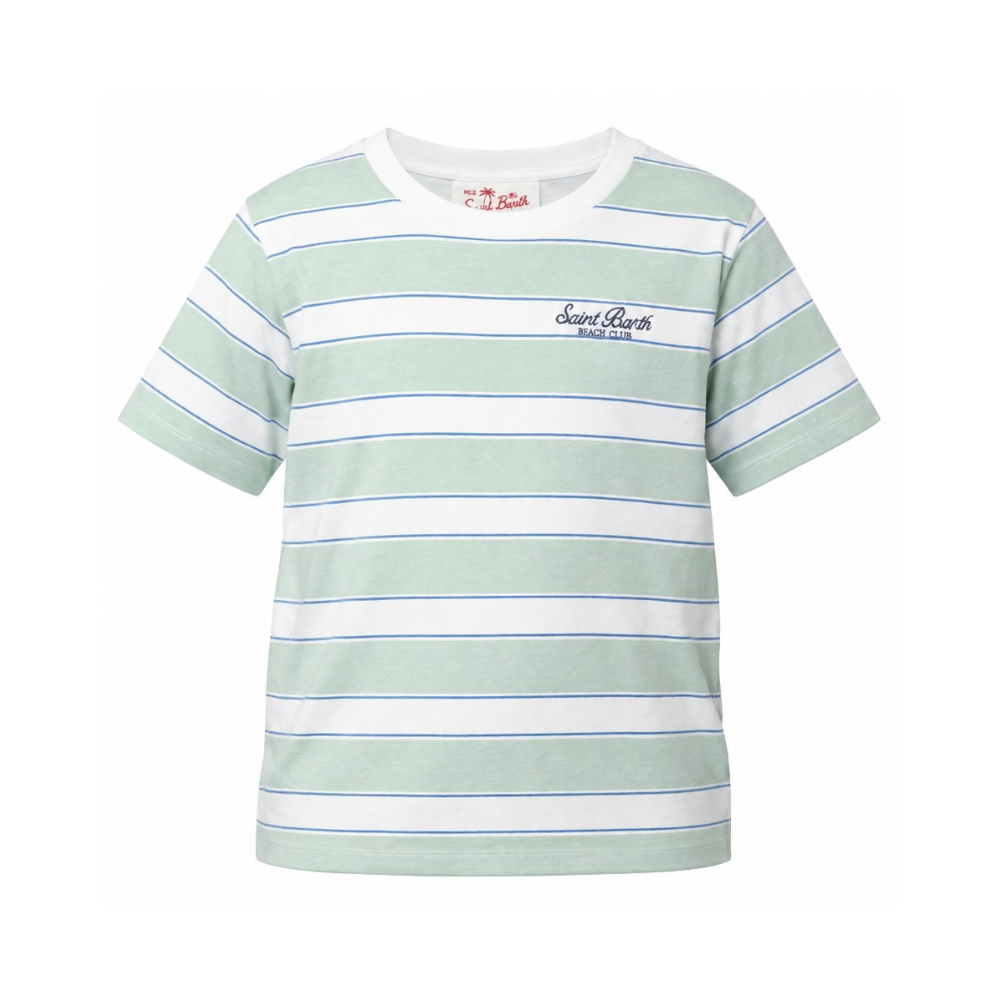 T-shirt per bambino MC2 Saint Barth Kids bianca e verde con motivo a righe orizzontali POT0002 01022L MC2 ST. BARTH KIDS