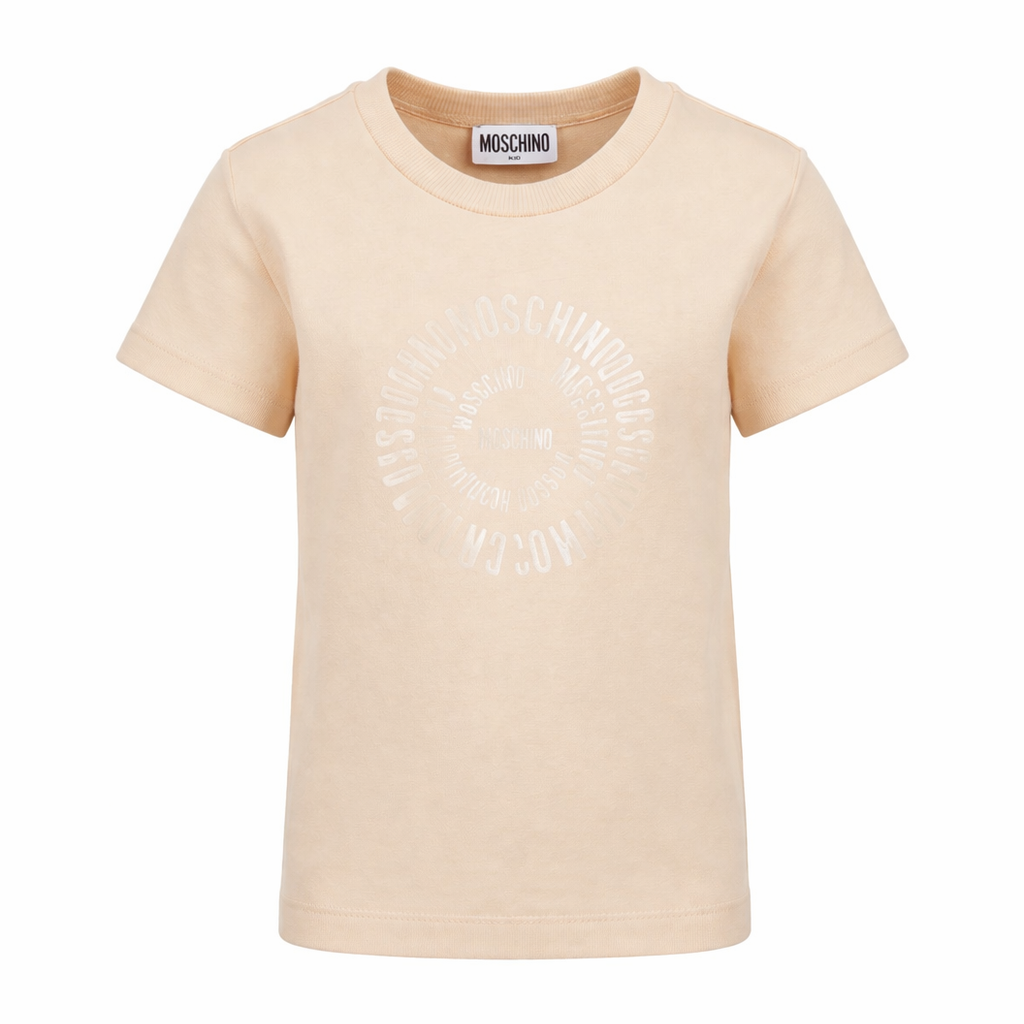 T-shirt per bambini Moschino Kids beige con logo a spirale sul davanti HXM058LAA02 20829 MOSCHINO KIDS