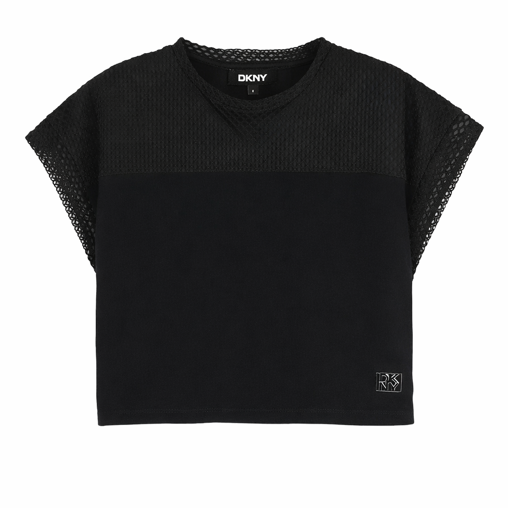 T-shirt per bambina DKNY Kids nera con design crop D62628 09B DKNY