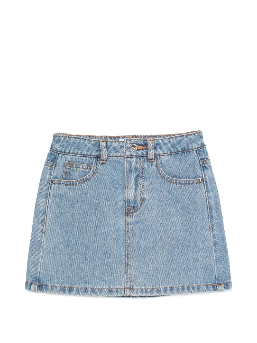 Gonna per bambina Moschino Kids in denim con stampa logo sul retro HDJ044L0E35 40183 MOSCHINO KIDS