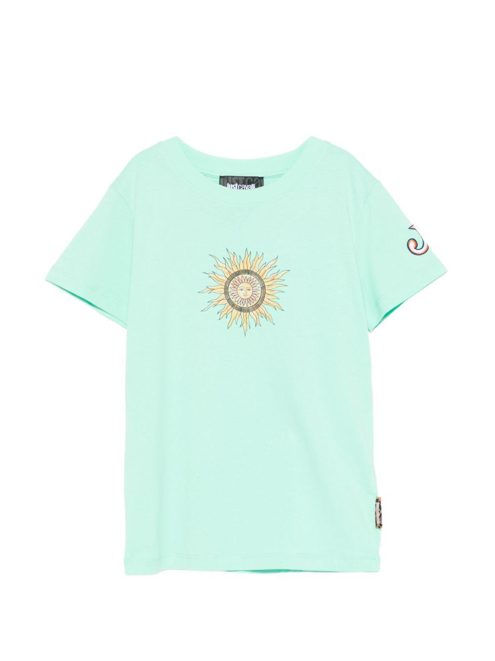 T-shirt per bambino Just Cavalli Kids acquamarina con dettaglio sole JBP26076TS GREEN O.W. ROBERTO CAVALLI KIDS