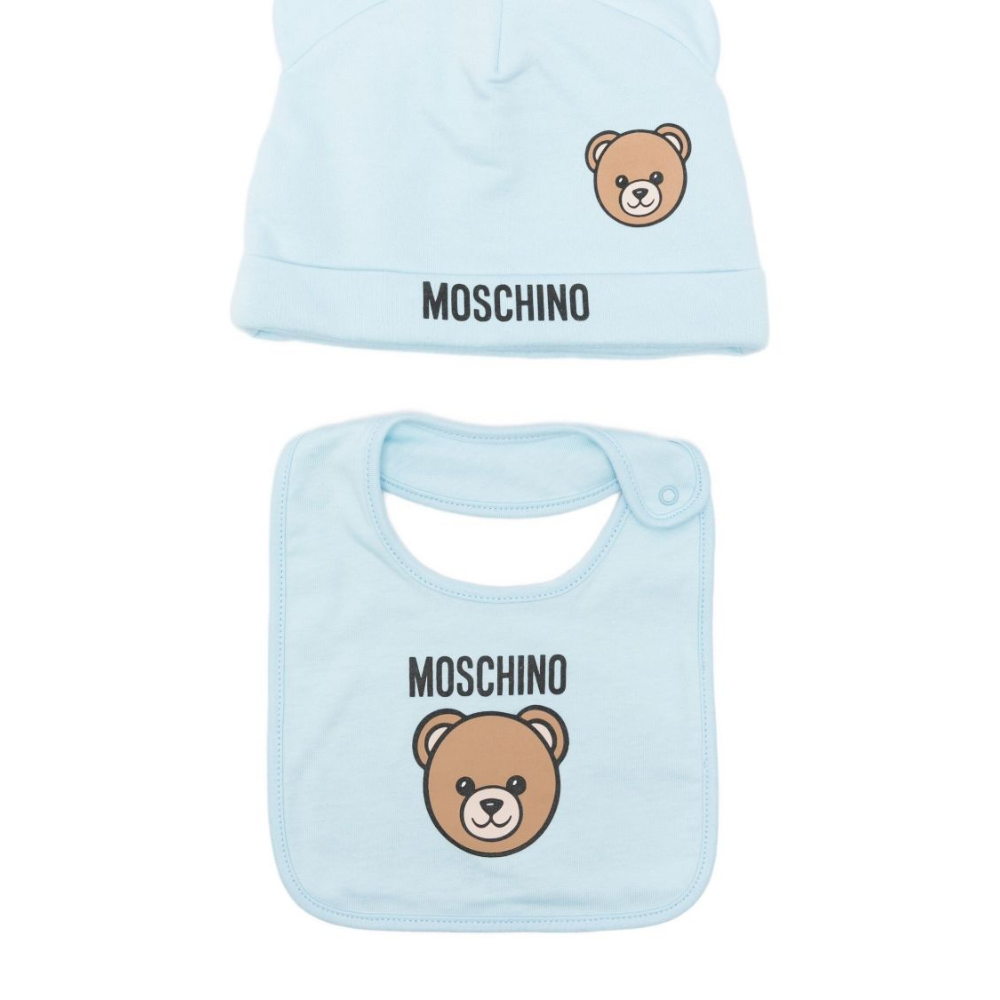 Set berretto e bavaglino per neonato Moschino Kids azzurro con motivo Teddy Bear MUY08KLCA40 40304 MOSCHINO KIDS