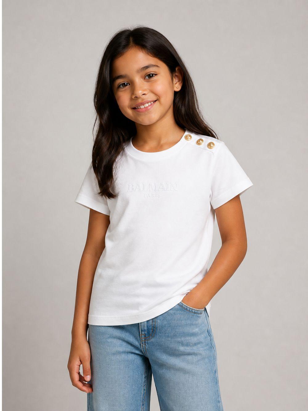 T-shirt per bambini Balmain Kids bianca con dettaglio bottoni sulla spalla BZ8I81 Z3672 100OR BALMAIN KIDS