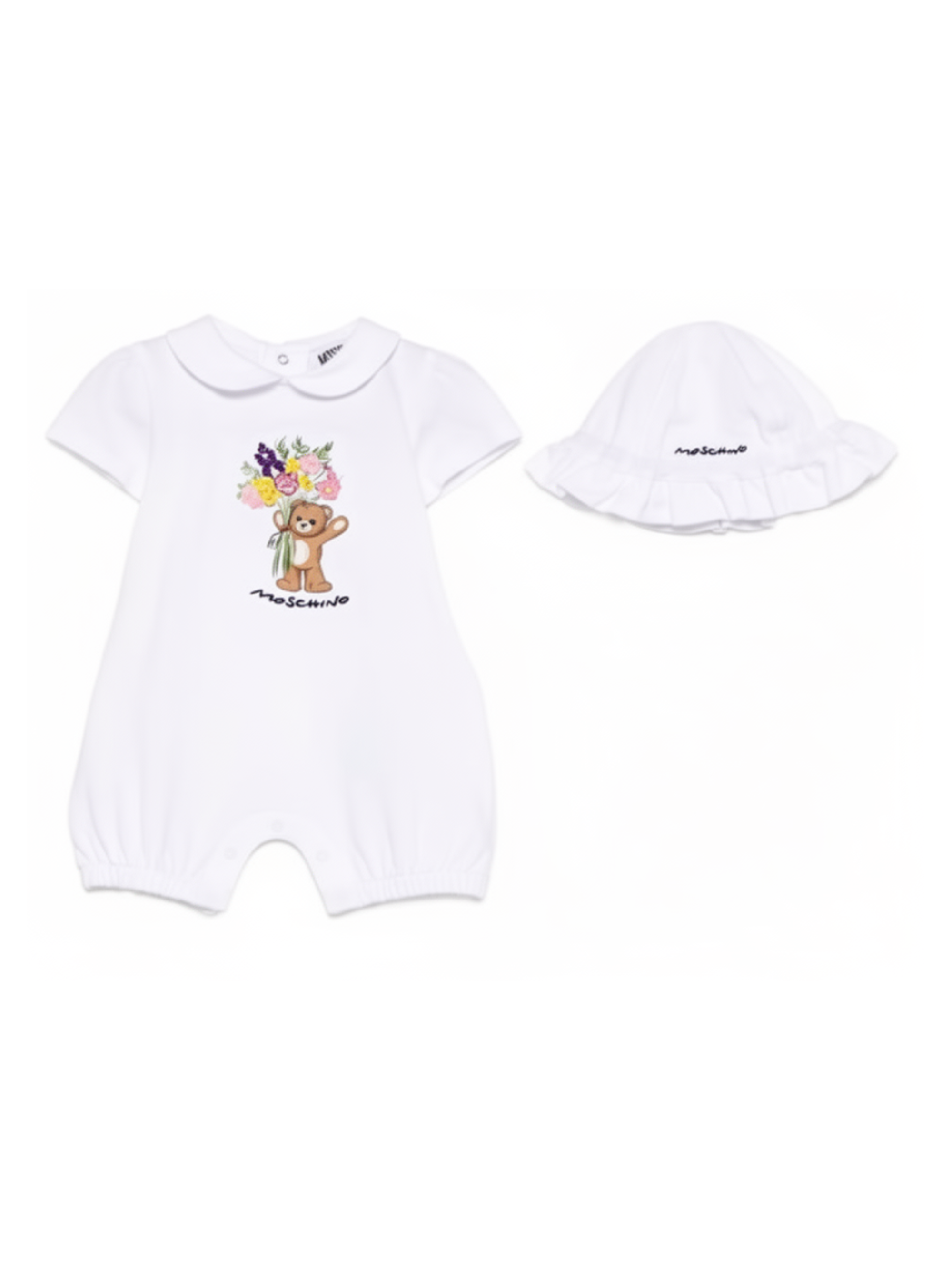 Tutina e cappellino per neonata Moschino Kids bianchi con stampa Bear MDY01BLFA06 10101 MOSCHINO KIDS