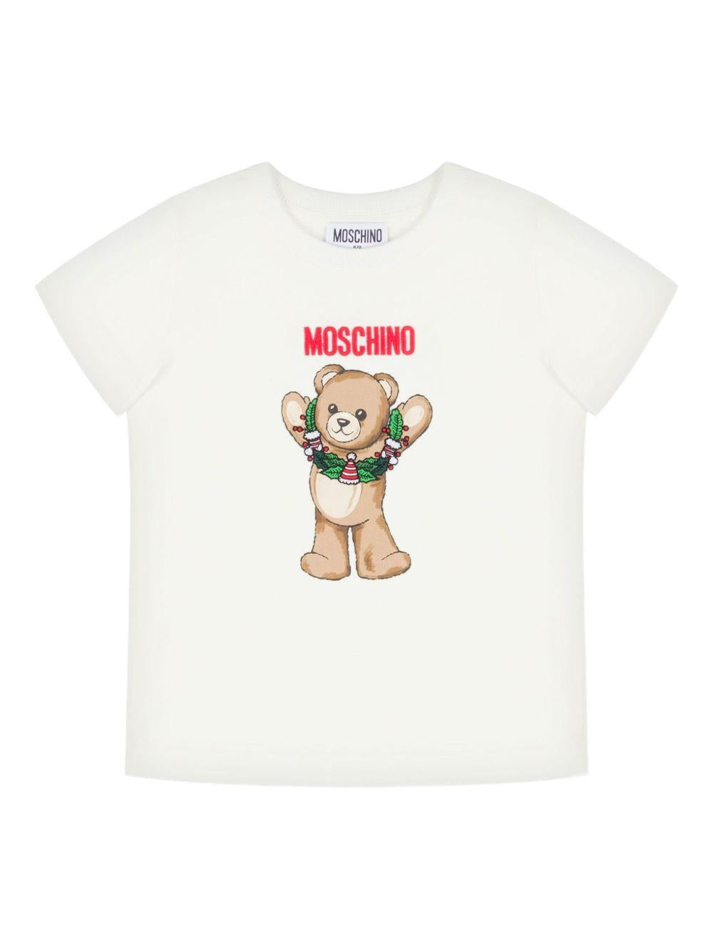 T-shirt per bambini Moschino Kids bianco con stampa grafica Teddy HUM05HLAA01 10063 MOSCHINO KIDS