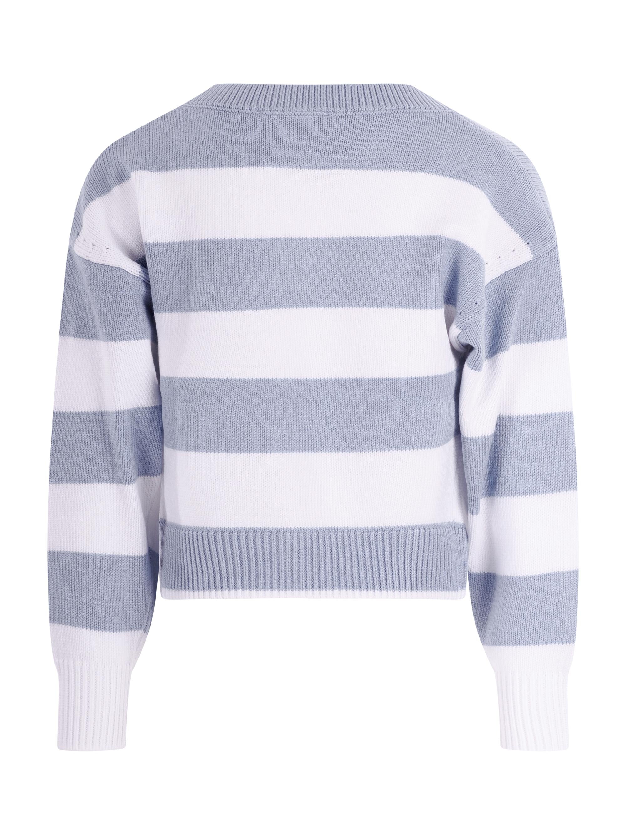 Maglione per bambina Monnalisa azzurro a righe con stampa grafica sul davanti 19G606 7029 5899 MONNALISA KIDS