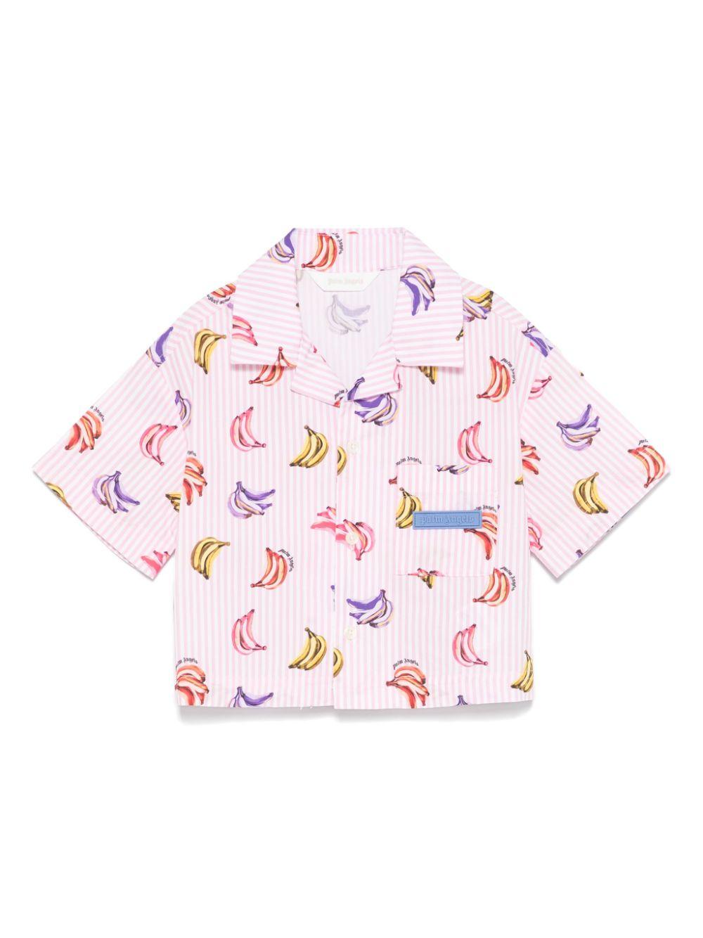 Camicia con stampa banane per bambina Palm Angels Kids rosa con rifinitura con ruches PGGG001S25FAB001 3B42 PALM ANGELS KIDS