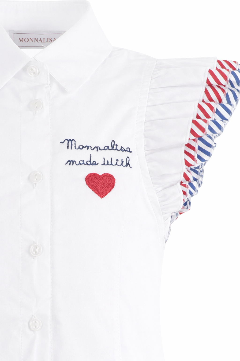 Camicia per bambina Monnalisa bianca con maniche a righe con ruches 11G300 7116 0099 MONNALISA KIDS