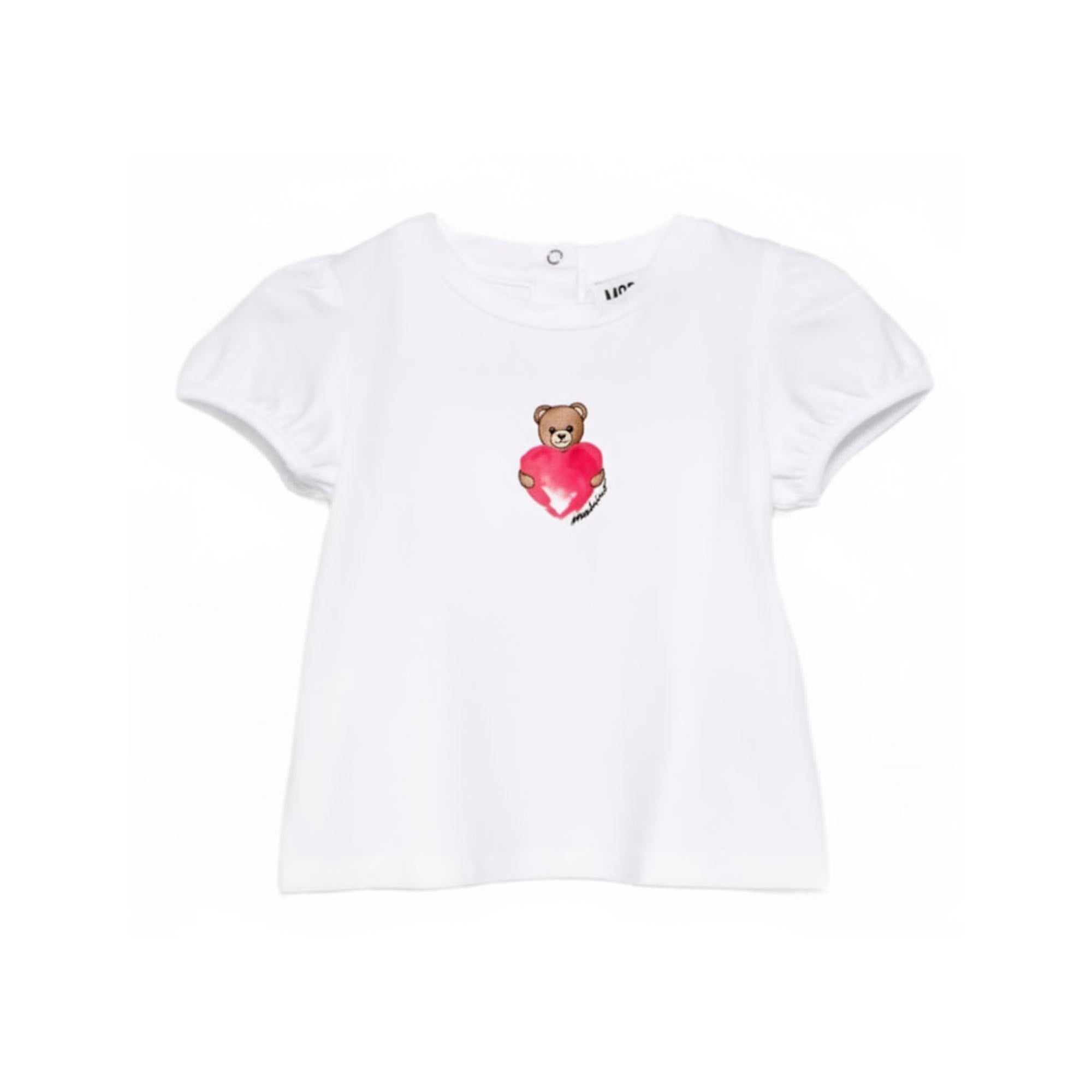T-shirt per neonata Moschino Kids bianca con stampa Teddy Bear con cuore MLM02BLBA00 10101 MOSCHINO KIDS