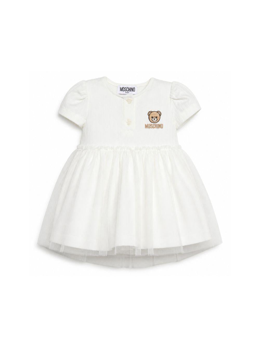 Abito per neonata Moschino Kids bianco con ricamo Teddy Bear MDV0DBLAA55 10063 MOSCHINO KIDS