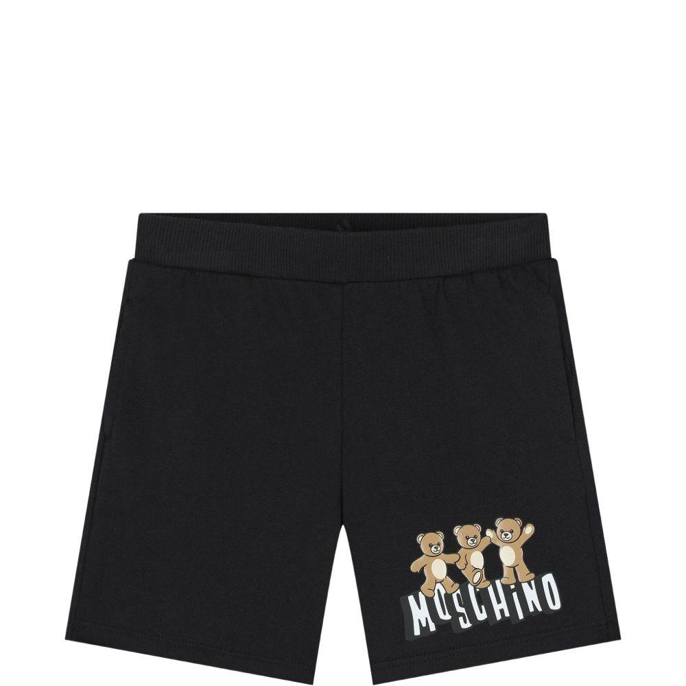 Pantaloncini per neonato Moschino Kids neri con stampa tre Teddy Bear MUQ01ULAA17 60100 MOSCHINO KIDS