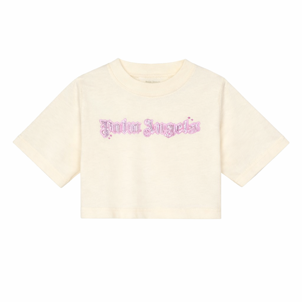 T-shirt per bambina Palm Angels Kids bianca con logo ricamato sul davanti PGAA004S26JER001 002 PALM ANGELS KIDS
