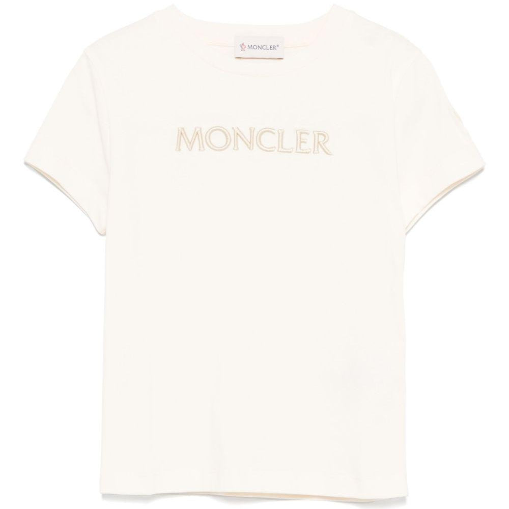T-shirt per bambina Moncler Enfant beige chiaro con logo ricamato sul davanti K29548C0001689AT9 050 MONCLER ENFANT