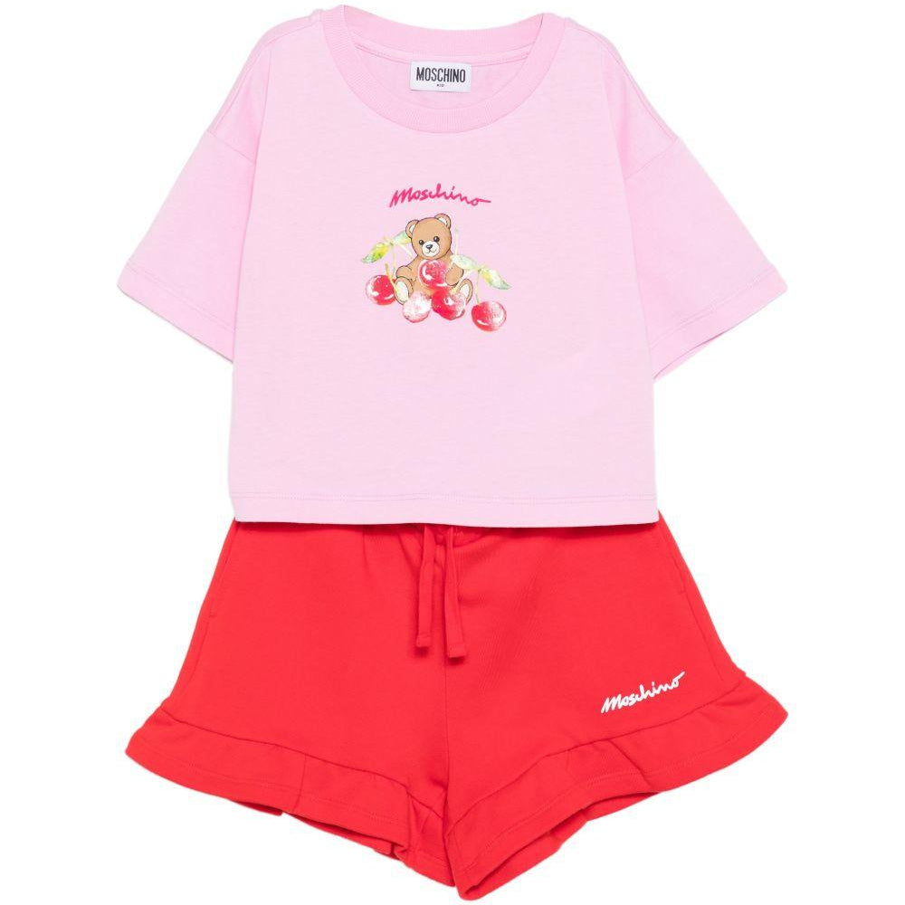 Set t-shirt con shorts per bambina Moschino Kids rosa con stampa HDG01NLCA52 83688 MOSCHINO KIDS