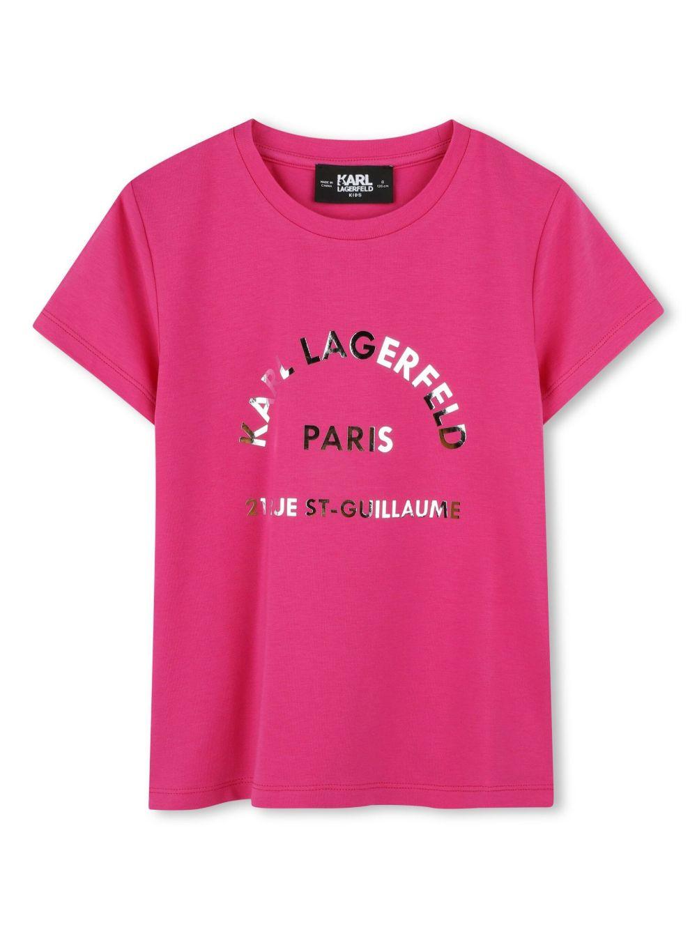 T-shirt con stampa per bambina Karl Lagerfeld Kids fucsia con scollo rotondo Z30447 49J KARL LAGERFELD KIDS
