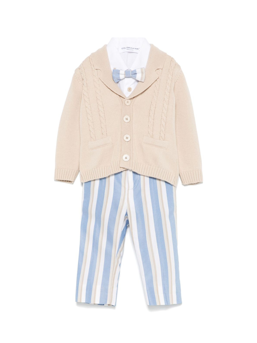 Set cardigan, camicia e shorts per neonato Colorichiari azzurro e beige a righe MN408132 4827a 56 COLORICHIARI