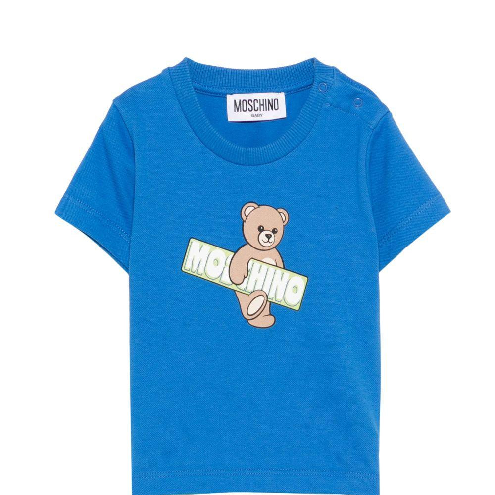 T-shirt per neonati Moschino Kids azzurra con stampa Teddy Bear MOM031LFA07 40630 MOSCHINO KIDS