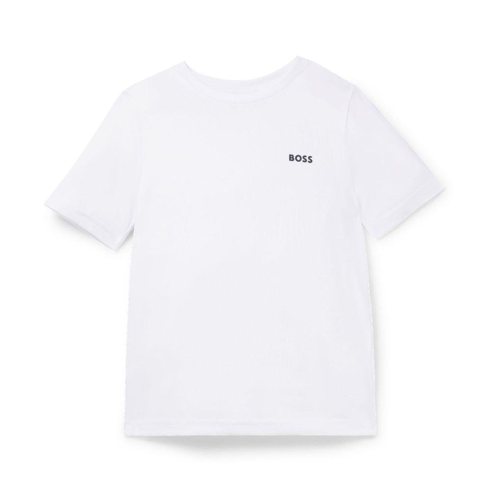 T-shirt da bambino Boss Kids bianca con stampa con logo J25P23 10P BOSS KIDS