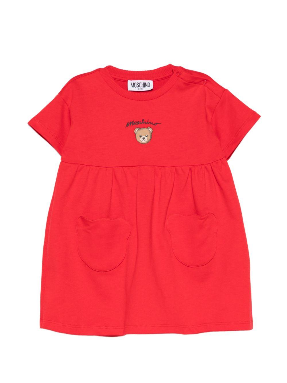 Abito per neonata Moschino Kids rosso con stampa Teddy Bear sul davanti MDV0DGLCA19 50109 MOSCHINO KIDS