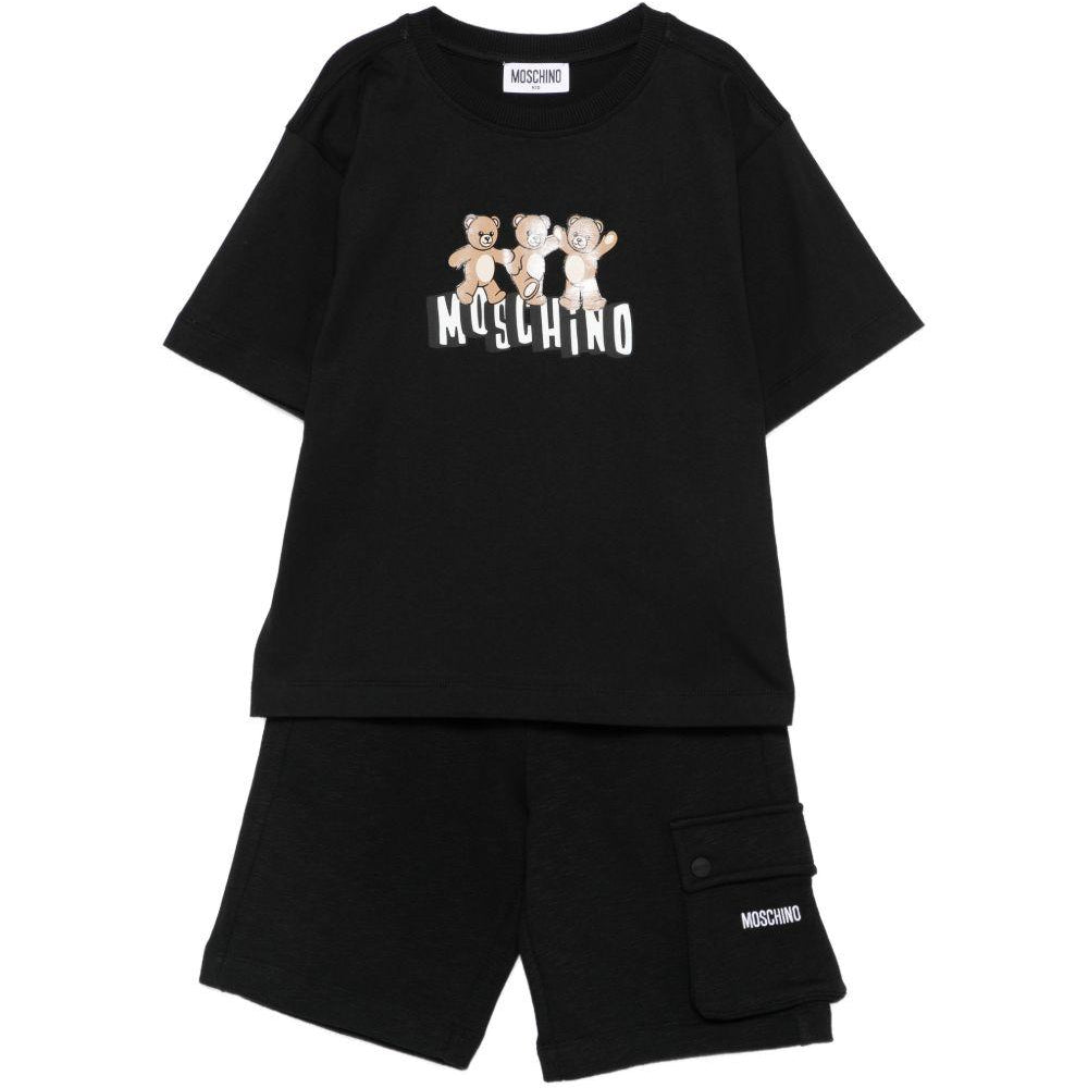 Set t-shirt e shorts per bambino Moschino Kids nero con tre Teddy Bear HUG00WLCA88 60100 MOSCHINO KIDS