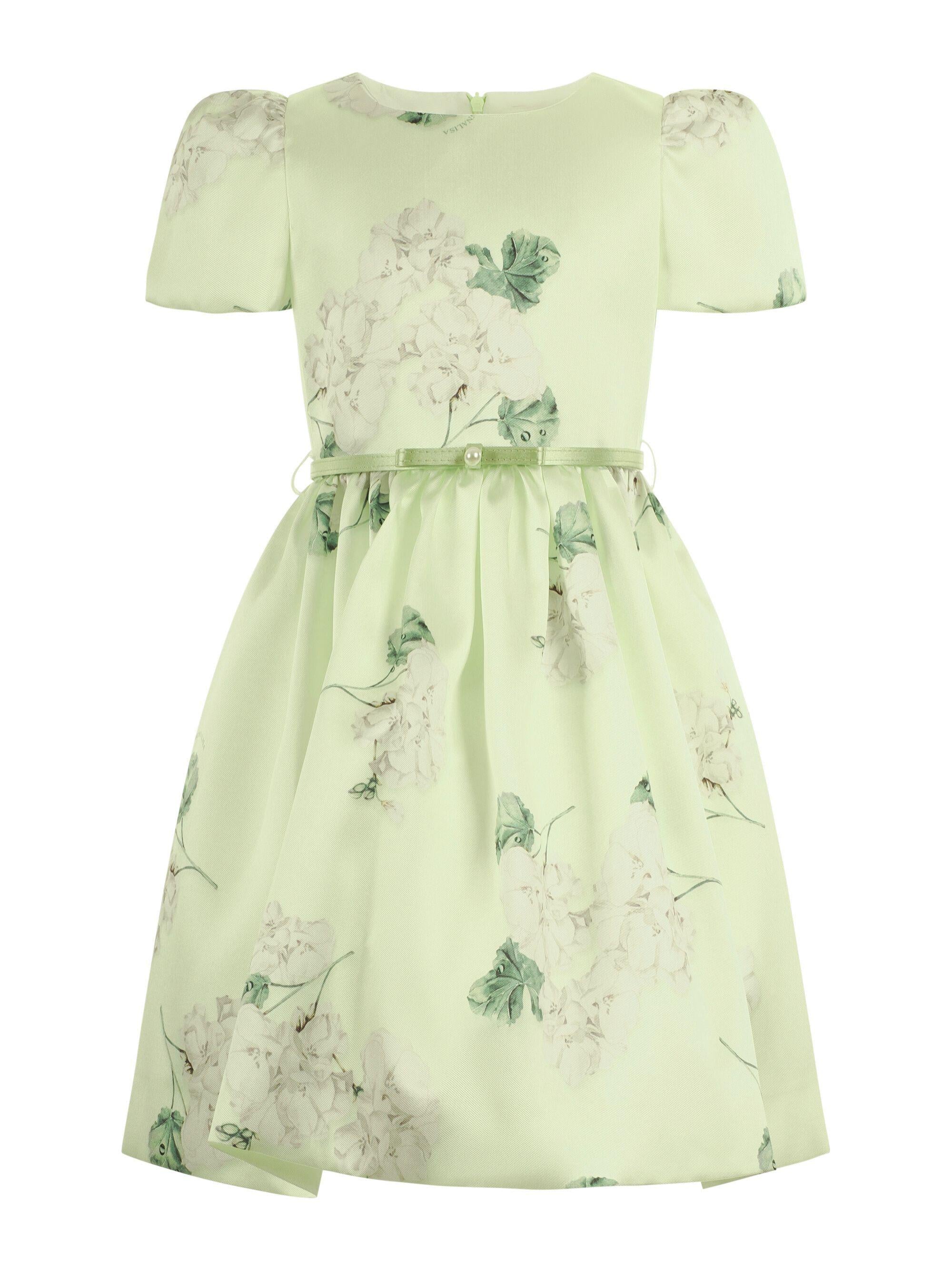 Abito per bambina Monnalisa verde con stampa grafica a fiori con cintura 71G907 7650 0020 MONNALISA KIDS