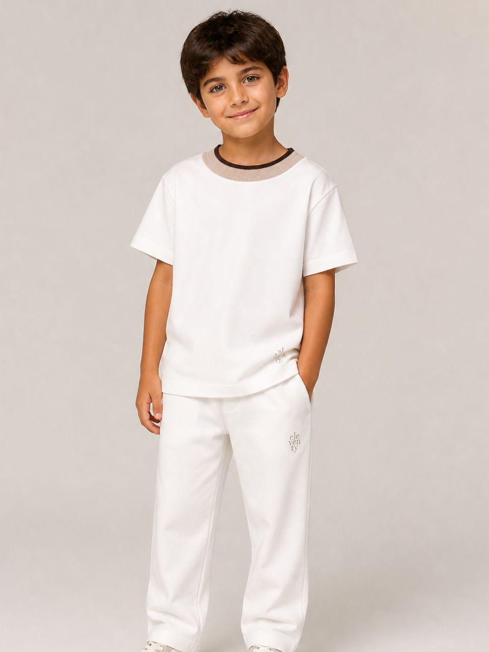 T-shirt per bambino Eleventy Kids bianca con girocollo a contrasto EZ8H11 Z3708 101 ELEVENTY KIDS