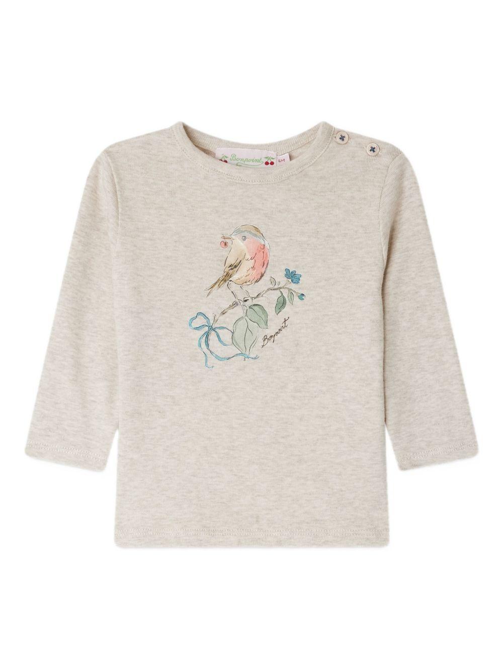 T-shirt per neonata Bonpoint beige con stampa uccellino e scollo rotondo W05XTSK00004 160A BONPOINT