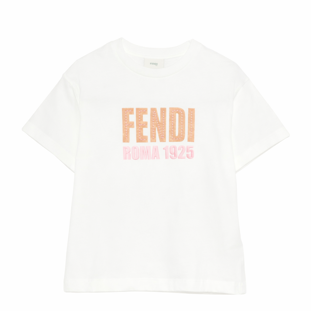 T-shirt per bambina Fendi Kids bianca con logo ricamato JUI204 7AJ F0TU9 FENDI KIDS