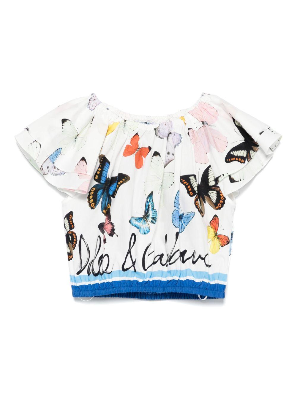 Camicetta in popeline con stampa a farfalla per bambina Dolce & Gabbana Kids bianco con spalle scoperte L56S25 FI5KS HB5KB DOLCE & GABBANA KIDS