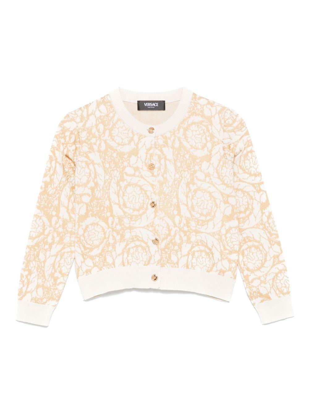 Cardigan per bambina Versace Kids beige con stampa stile Barocco 10208951A11135 2WX90 VERSACE KIDS