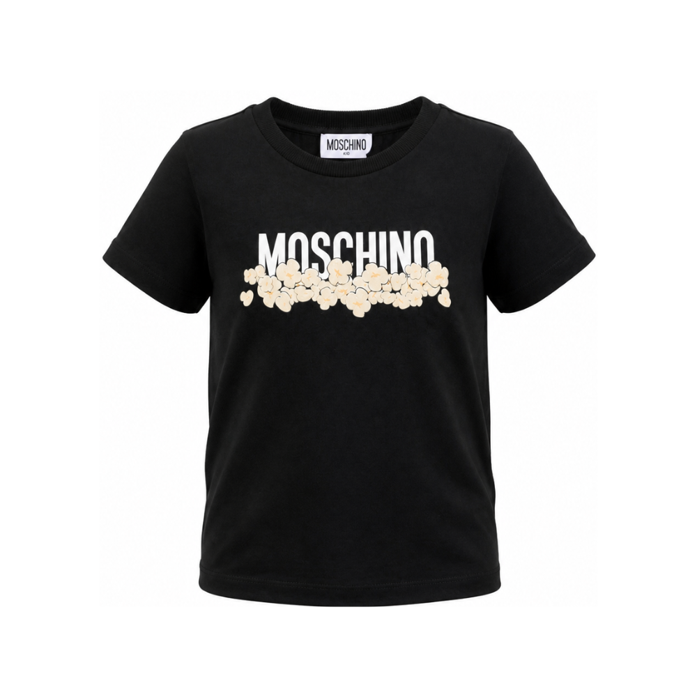 T-shirt per bambini Moschino Kids nera con stampa grafica con logo H6M058LAA20 60100 MOSCHINO KIDS