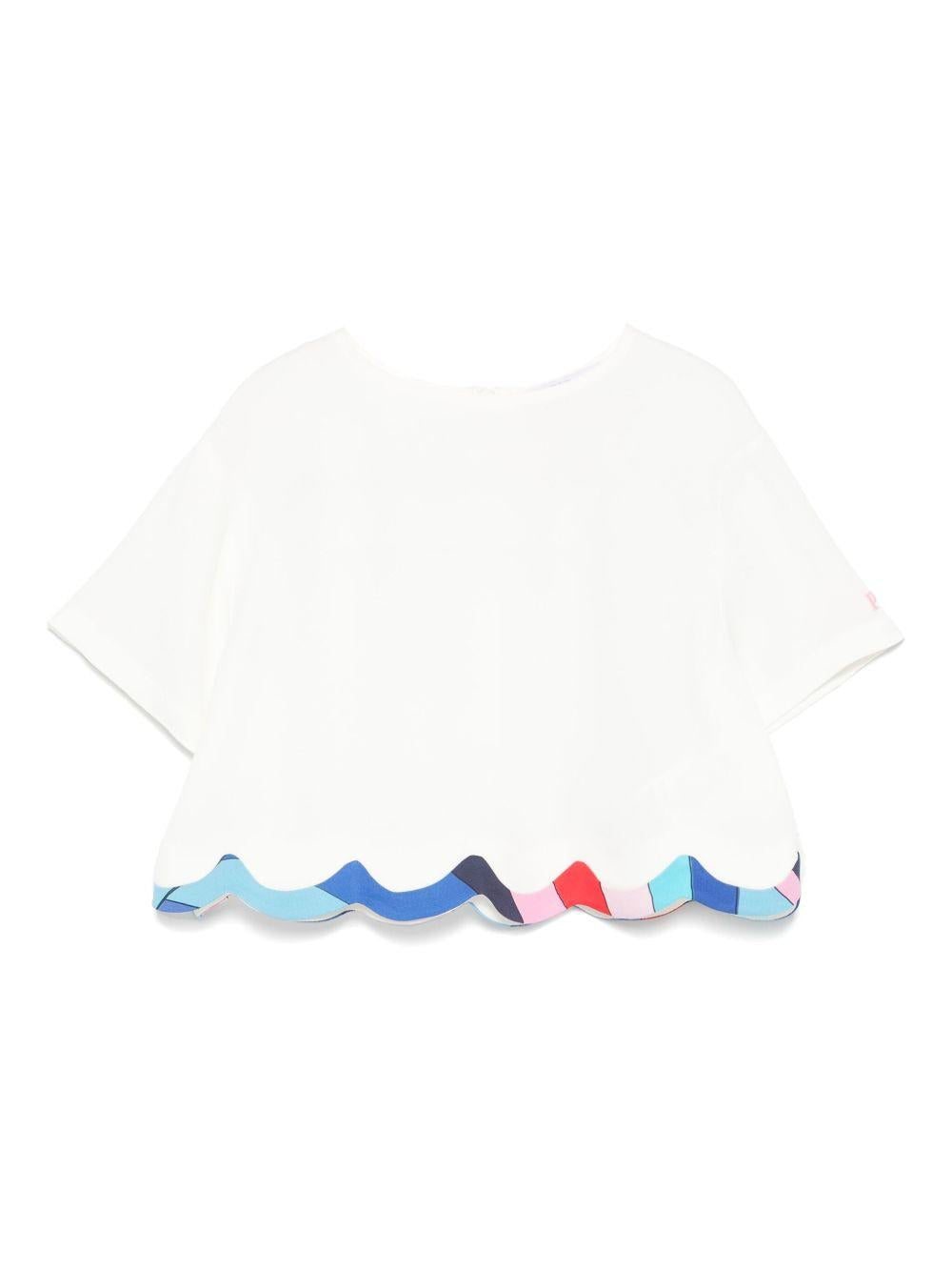 T-shirt per bambina Emilio Pucci Junior bianco con logo sulla manica e orlo a smerlo PW5A01 K0222 101 EMILIO PUCCI JUNIOR