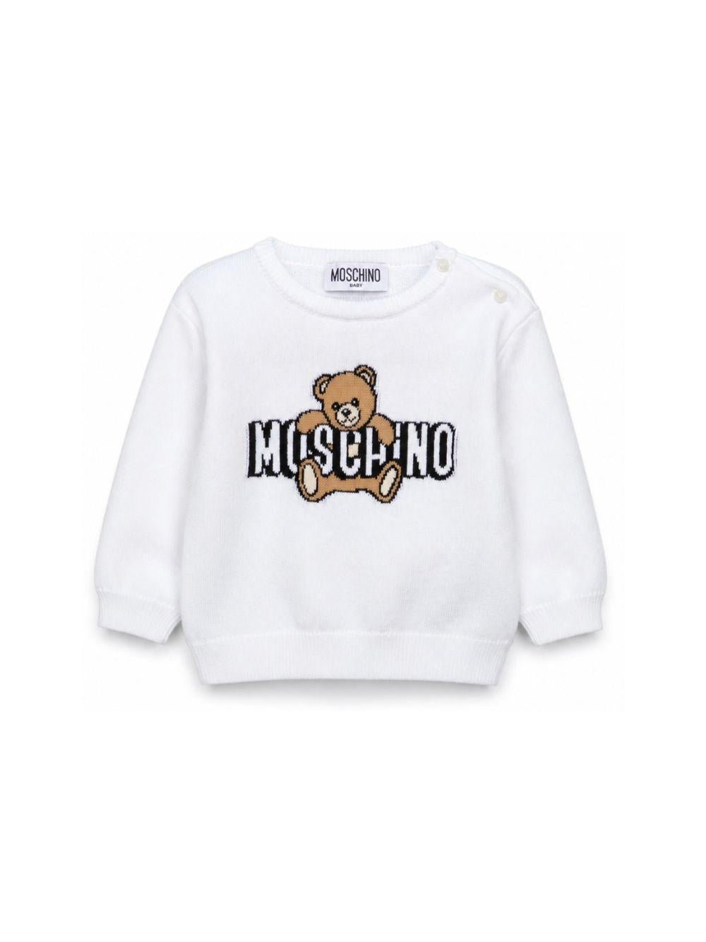 Maglione per neonati Moschino Kids bianca con logo ricamato sul davanti M8W00JLHE62 10101 MOSCHINO KIDS