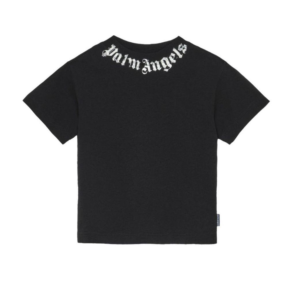 T-shirt per bambino Palm Angels Kids nera con logo sul davanti PBAA003S26JER004 110 PALM ANGELS KIDS