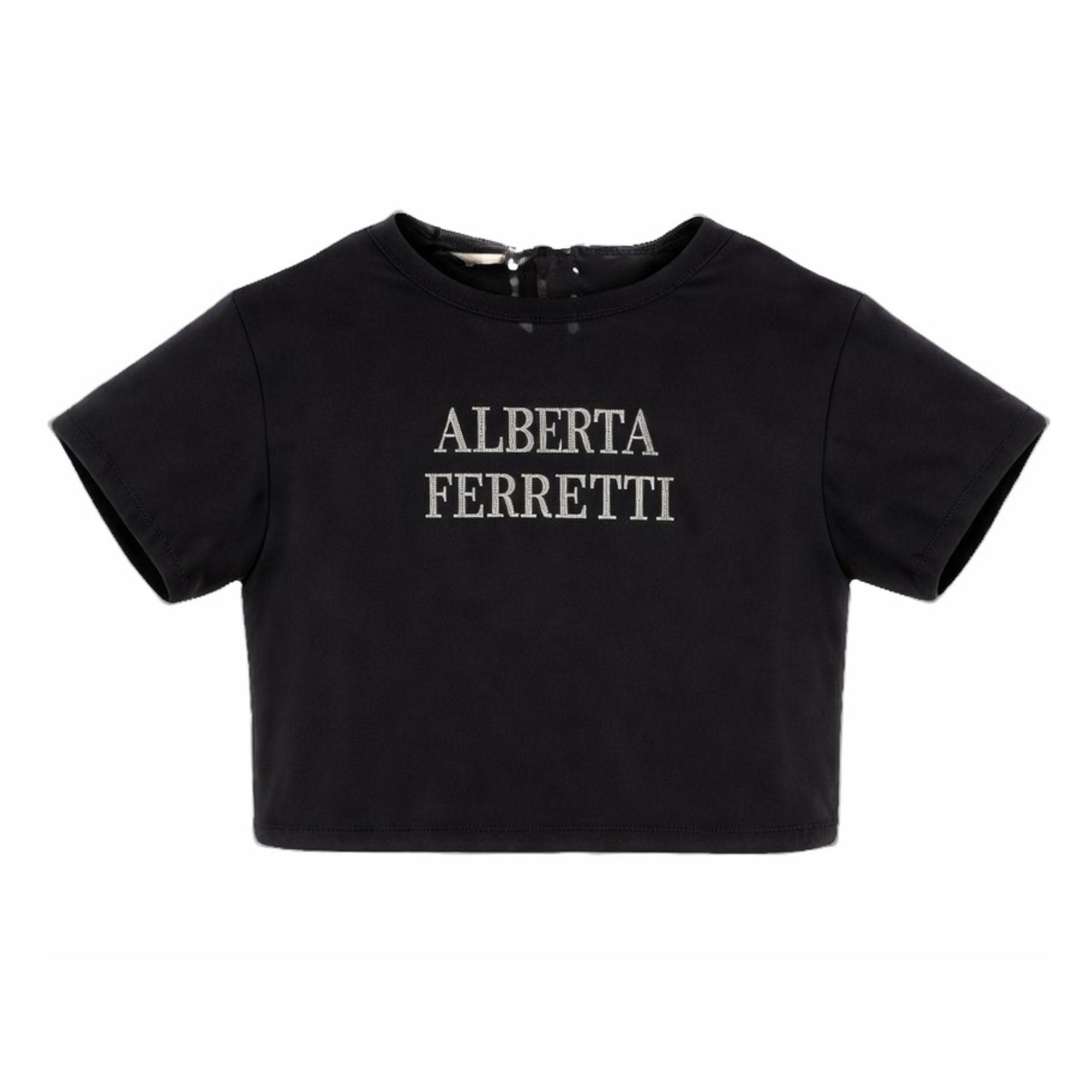 T-shirt per bambina Alberta Ferretti Kids nera con stampa con logo sul davanti R1G600 7120 0050 ALBERTA FERRETTI KIDS