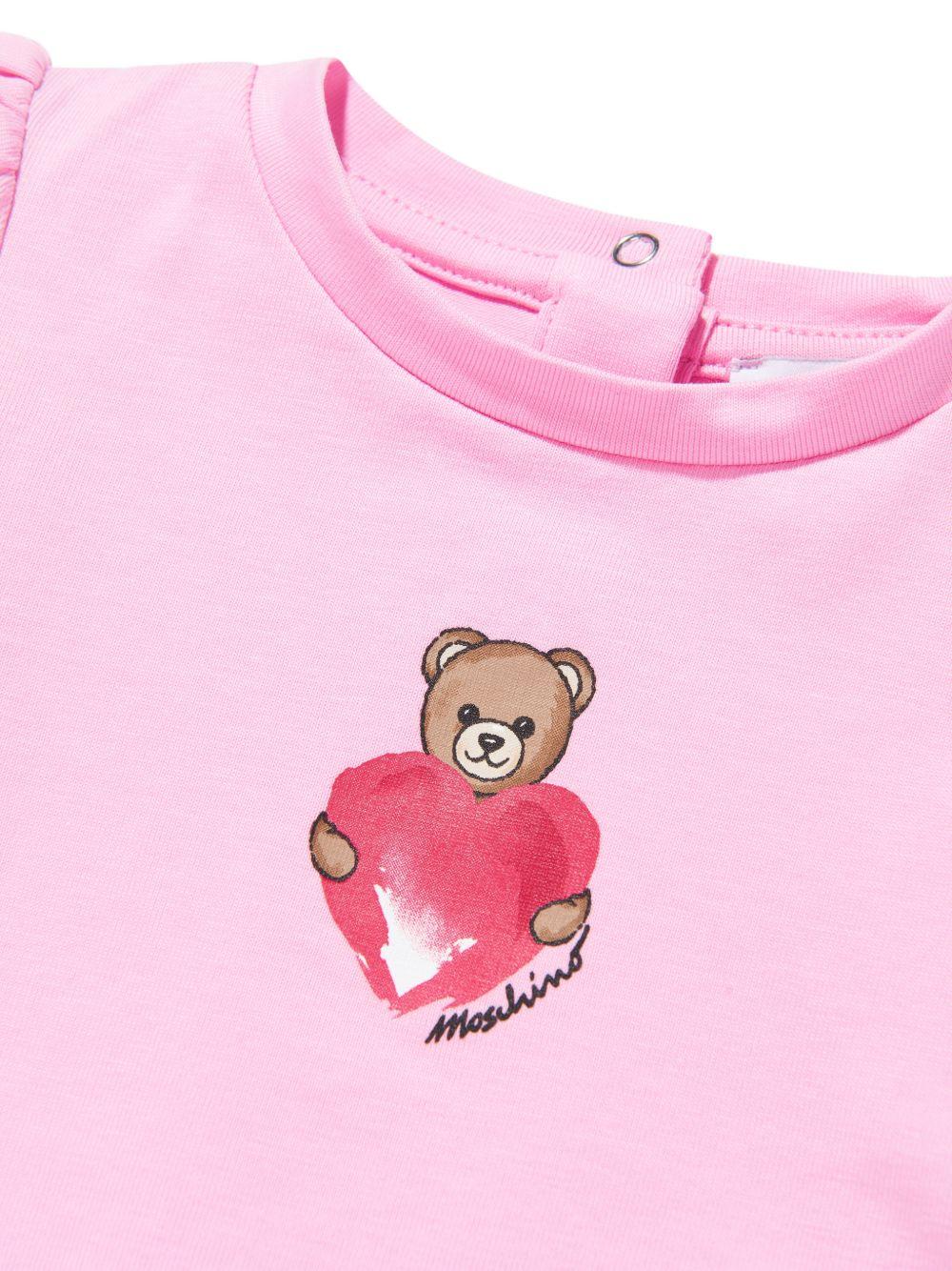 T-shirt per neonata Moschino Kids rosa con stampa Teddy Bear con cuore MLM02BLBA00 51473 MOSCHINO KIDS