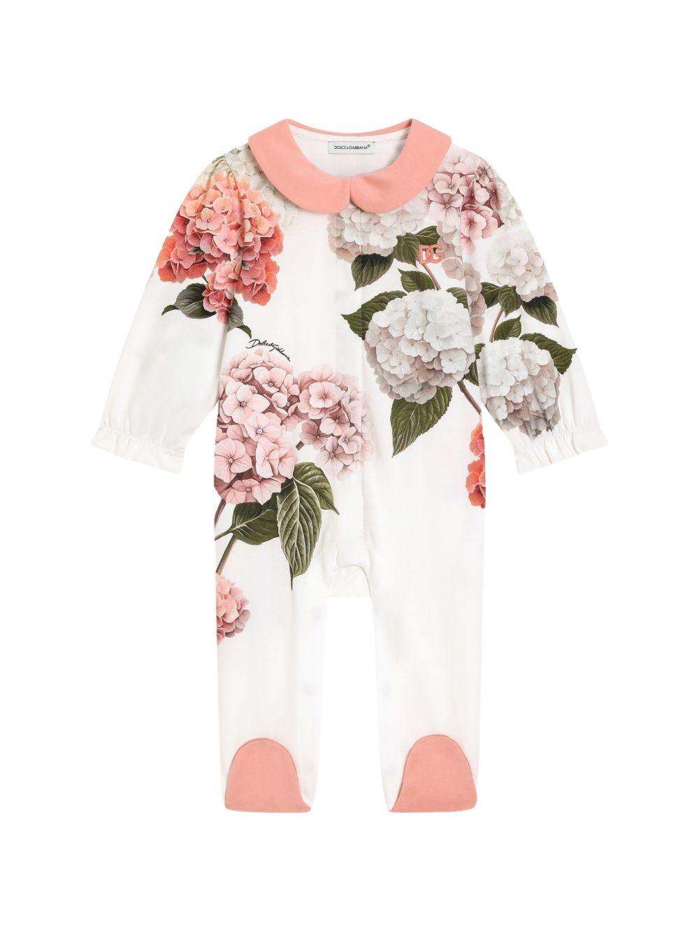 Set tutina, cappellino e bavaglino per neonata Dolce & Gabbana Kids bianco con stampa a fiori L2JO2Y II7JU HF5XG DOLCE & GABBANA KIDS