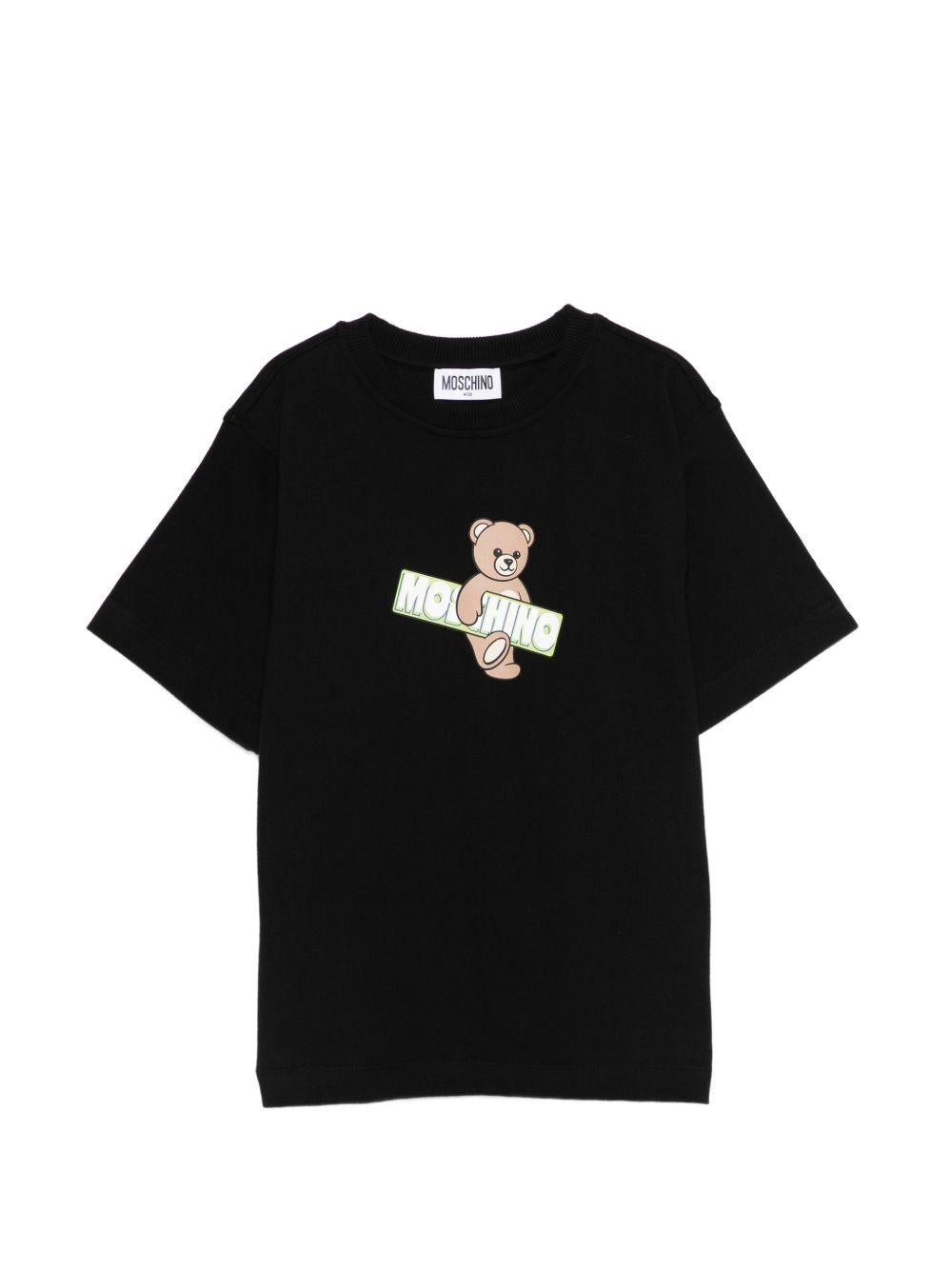 T-shirt per bambini Moschino Kids nera con stampa Teddy Bear sul davanti HYM03SLFA07 60100 MOSCHINO KIDS