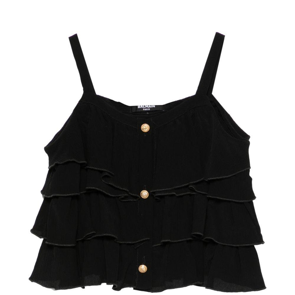 Top per bambina Balmain Kids nero con design a balze BY5A52 K0282 930OR BALMAIN KIDS