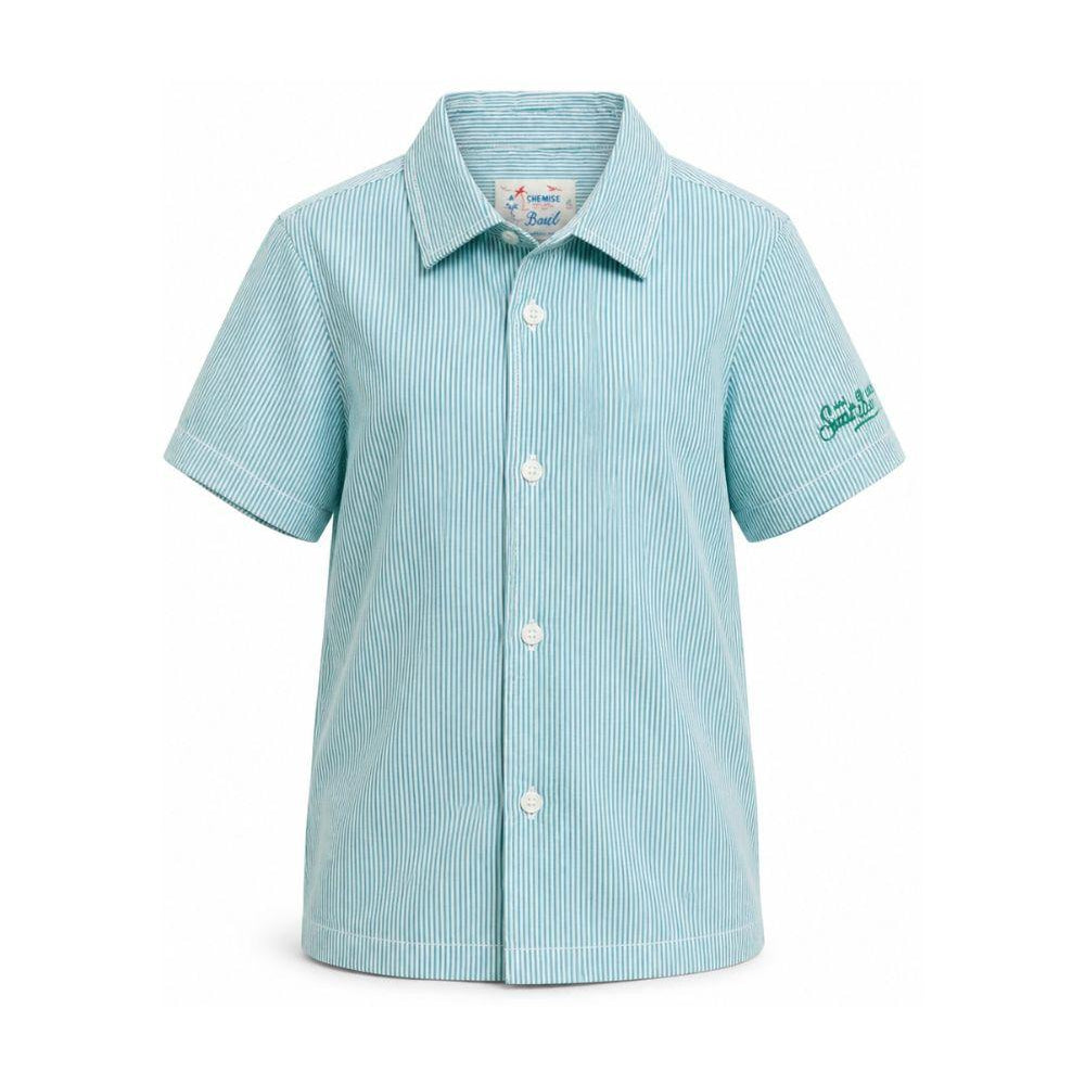 Camicia a righe per bambino MC2 Saint Barth Kids verde con stampa di Snoopy dei Peanuts SIF0001 02847L MC2 ST. BARTH KIDS